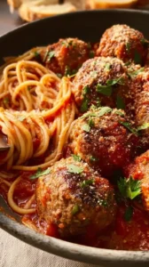 Delicious baked Italian meatballs served on a plate with marinara sauce