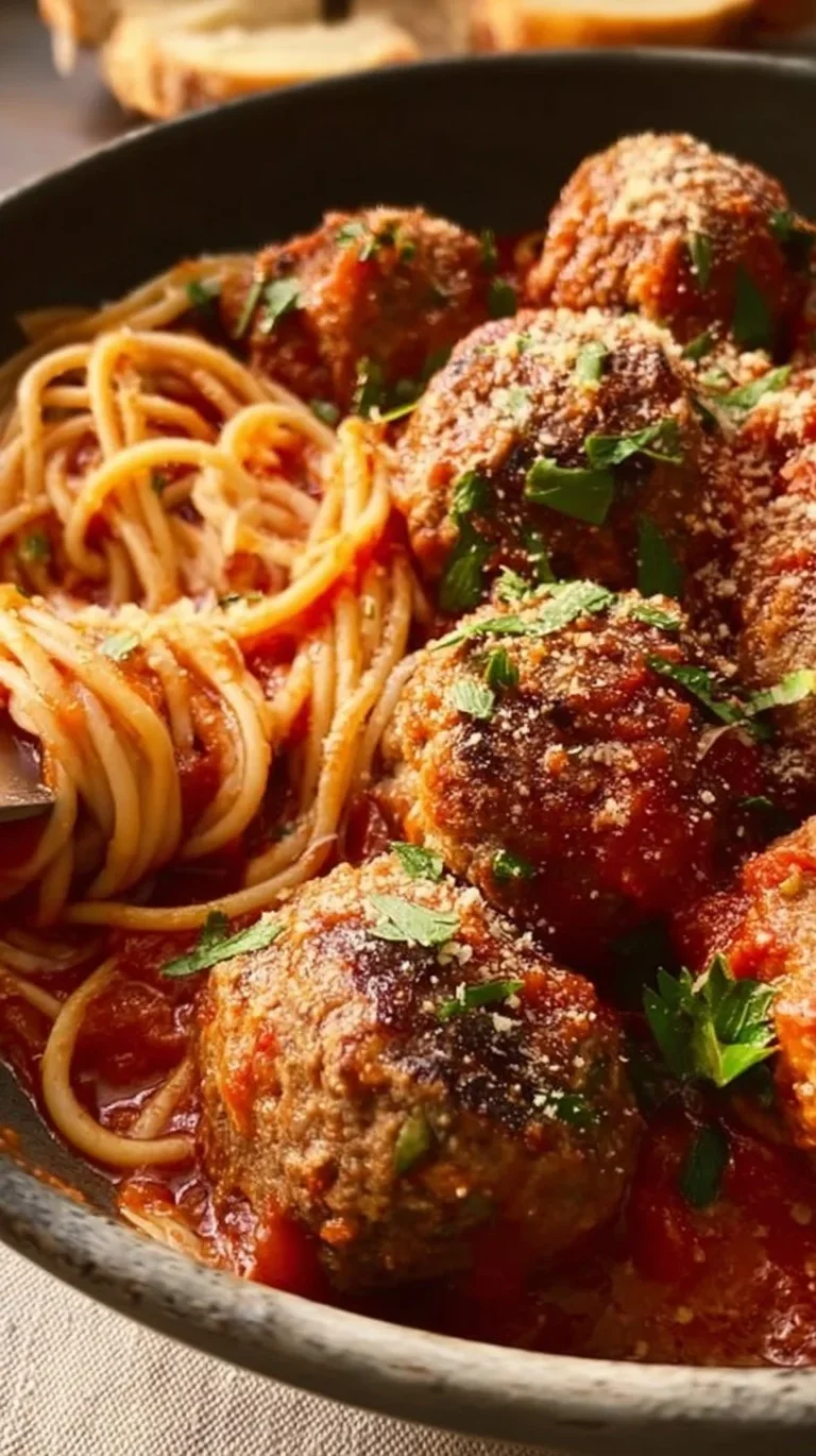 Delicious baked Italian meatballs served on a plate with marinara sauce