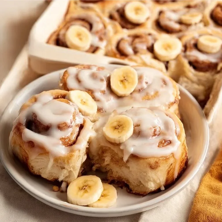 Delicious banana bread cinnamon rolls topped with creamy frosting.