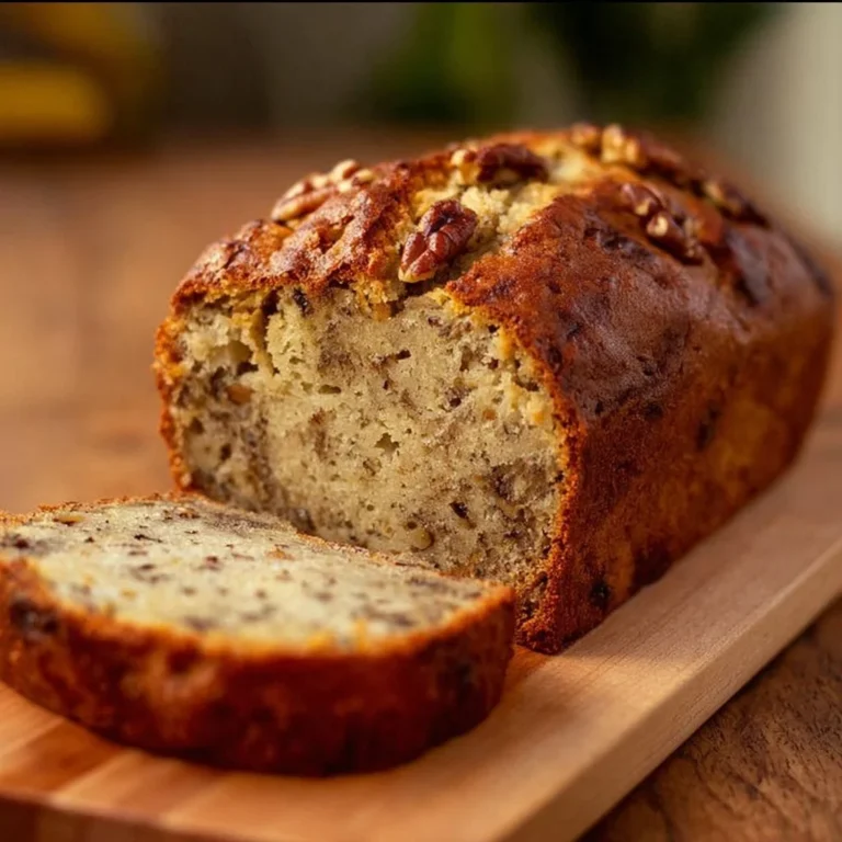 A slice of Bourbon Banana Walnut Bread with walnuts and bourbon aroma.