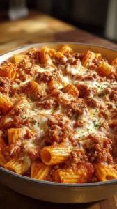 Cheesy baked rigatoni with ground beef served in a rustic dish