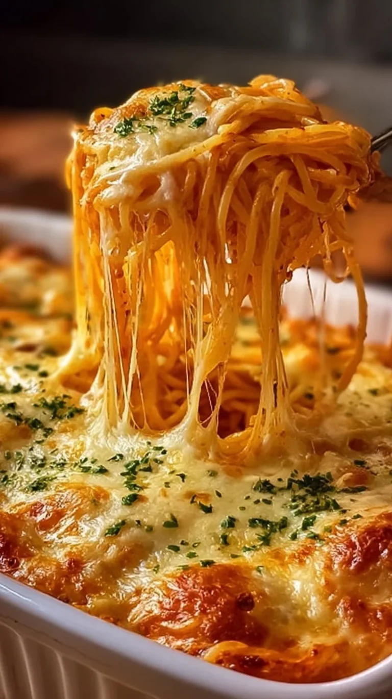 Delicious cheesy baked spaghetti casserole served in a dish