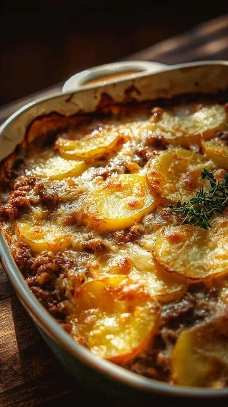 Delicious Cheesy Beef and Potato Bake in a casserole dish