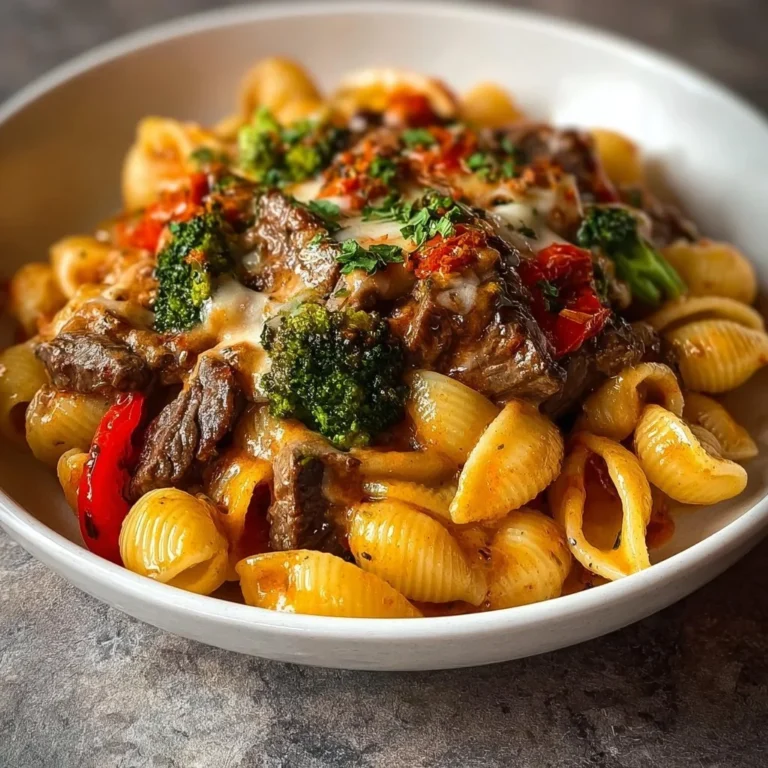 Delicious Cheesy Steak Pasta served with fresh herbs
