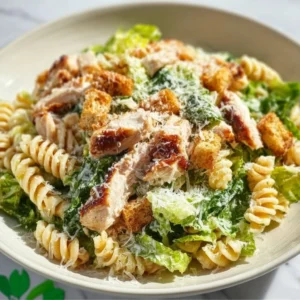 Bowl of Chicken Caesar Pasta Salad with chicken, romaine, and dressing