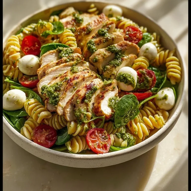 Fresh Chicken Pesto Pasta Salad with vegetables and basil pesto dressing