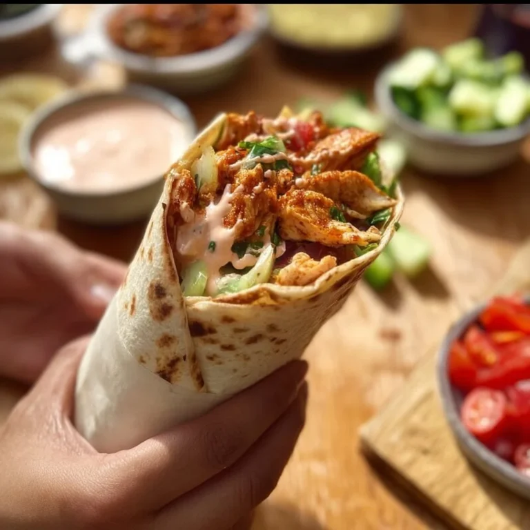 Chicken Wrap with Spicy Yogurt Sauce and fresh salad ingredients