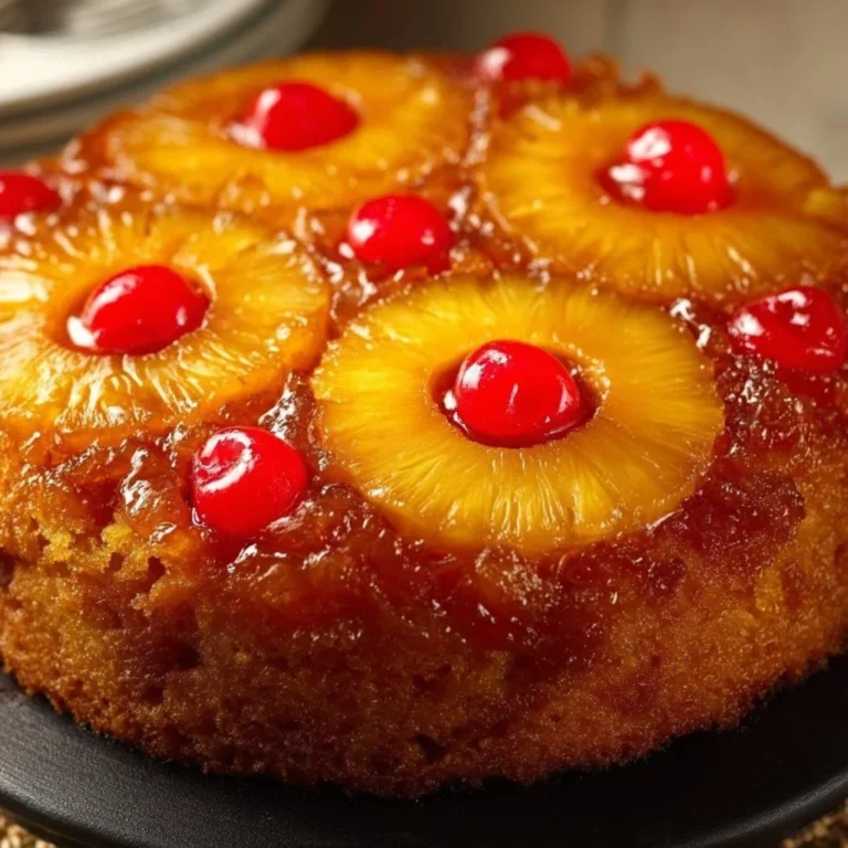 Classic Pineapple Upside Down Cake topped with pineapple slices and cherries