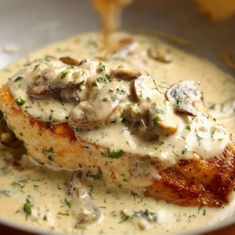 Creamy Garlic Mushroom Chicken served on a plate with herbs and vegetables