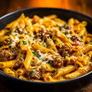 Creamy high protein beef pasta served in a bowl with herbs