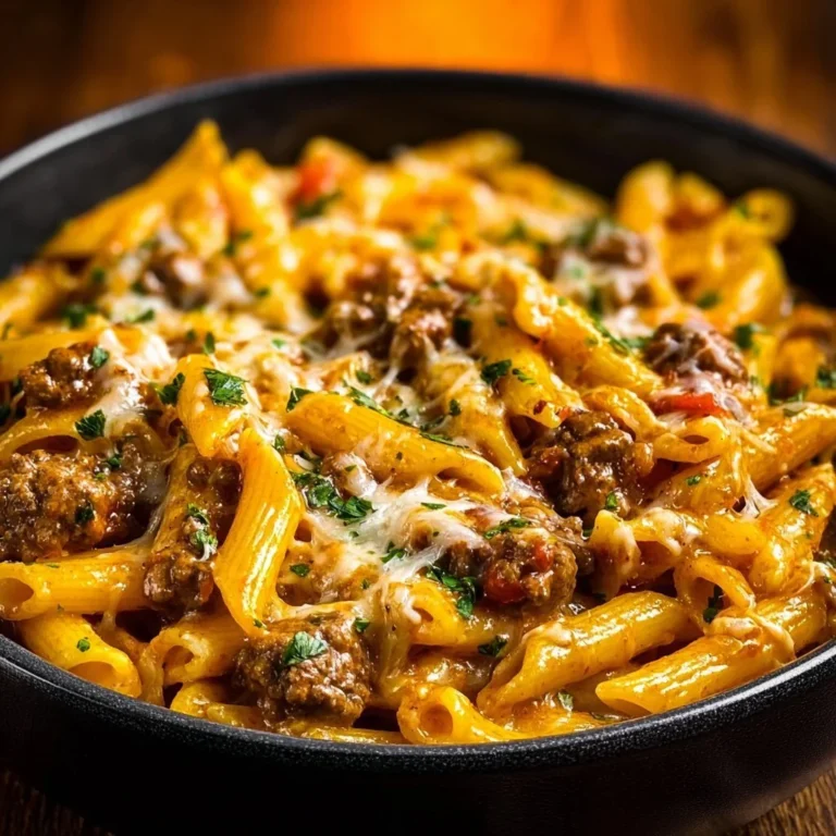 Creamy high protein beef pasta served in a bowl with herbs