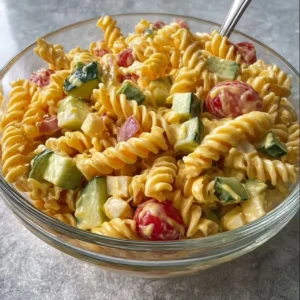 Creamy pasta salad with vegetables, a perfect dish for summer events
