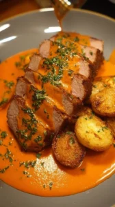 Creamy tomato chicken breast dish garnished with herbs and served on a plate.