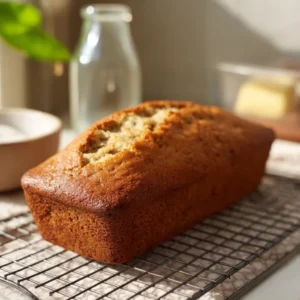 Loaf of easy banana bread fresh out of the oven, golden brown and delicious