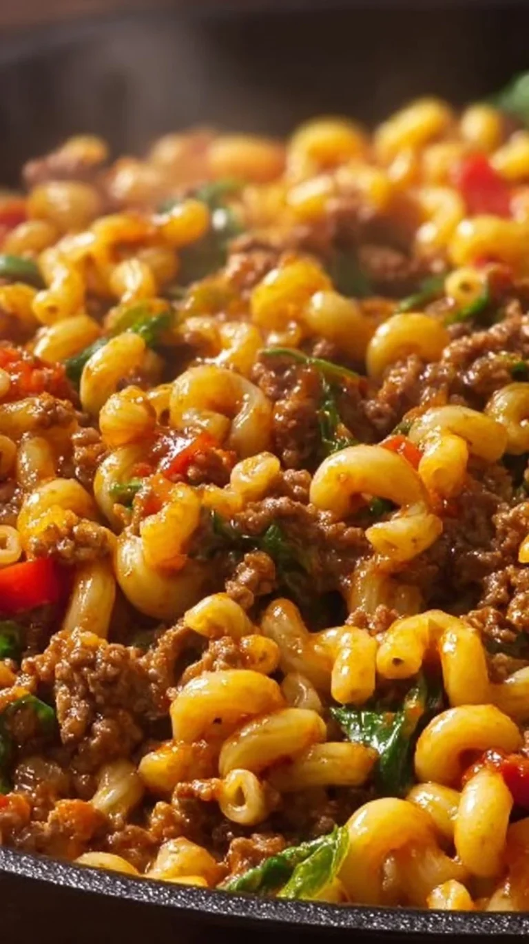 Healthy mac and beef dish with fresh ingredients and a creamy sauce.