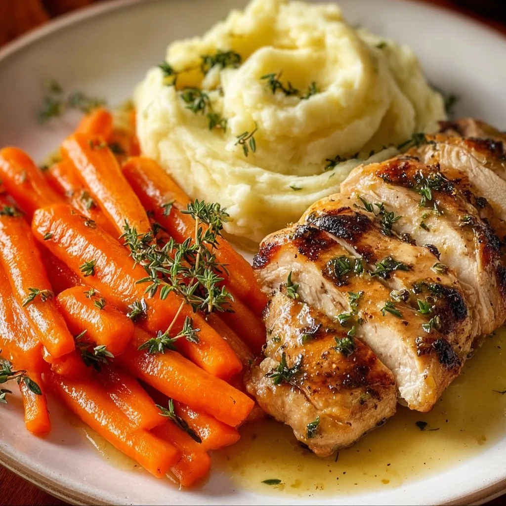 Garlic Herb Chicken with Mashed Potatoes and Glazed Carrots