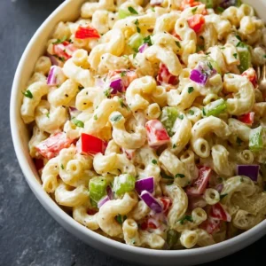 Delicious Gordon Ramsay macaroni salad with vibrant vegetables and dressing.