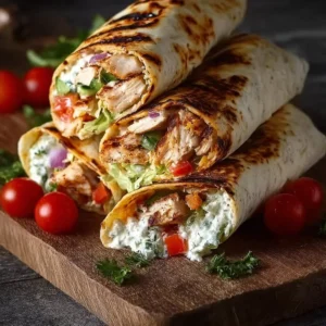 Greek Chicken Wraps with Tzatziki sauce wrapped in pita bread