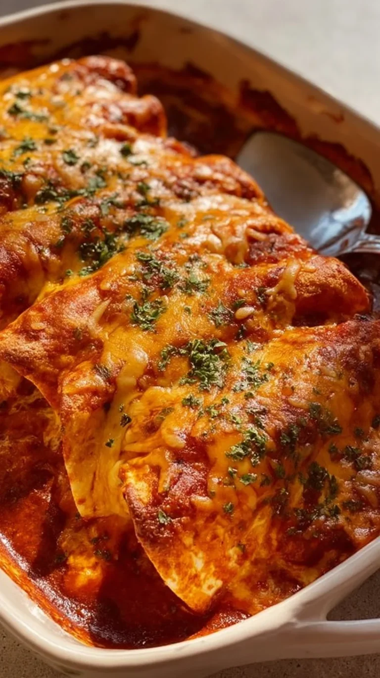 Plate of homemade ground beef enchiladas topped with cheese and enchilada sauce