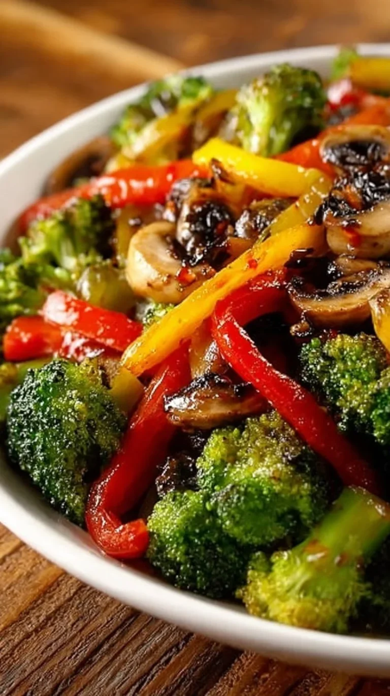 Colorful bowl of healthy sautéed vegetables including bell peppers, broccoli, and carrots.