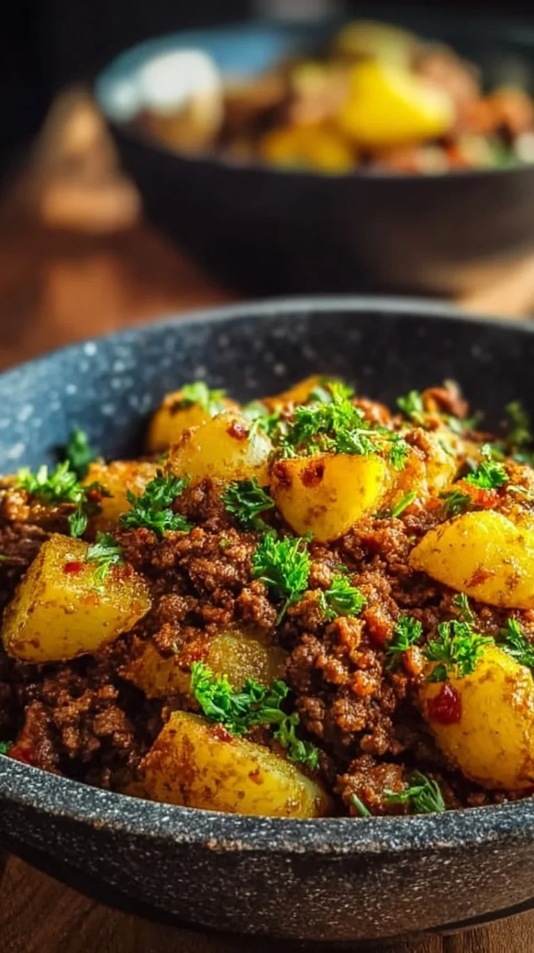 A hearty dish of ground beef and potatoes served in a rustic bowl.