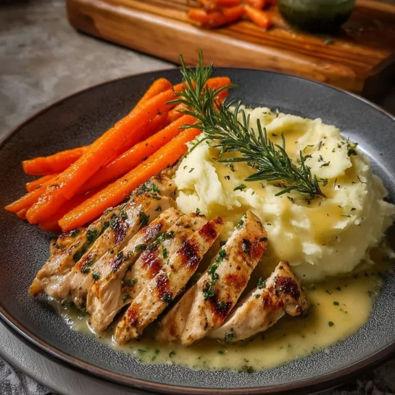 Herb chicken served with creamy mashed potatoes and glazed carrots on a plate