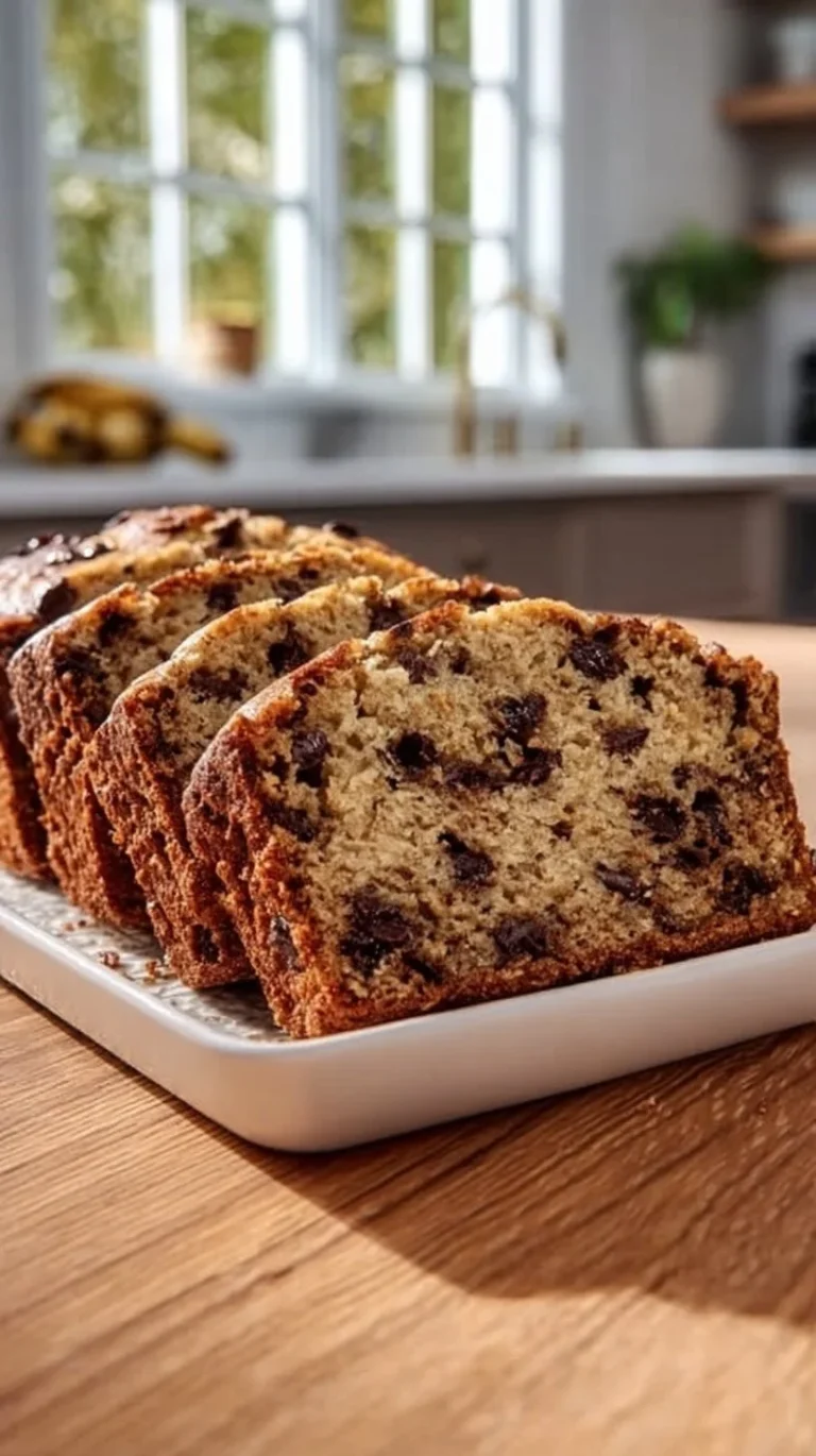 High protein Greek yogurt banana bread with chocolate chip layers on a plate