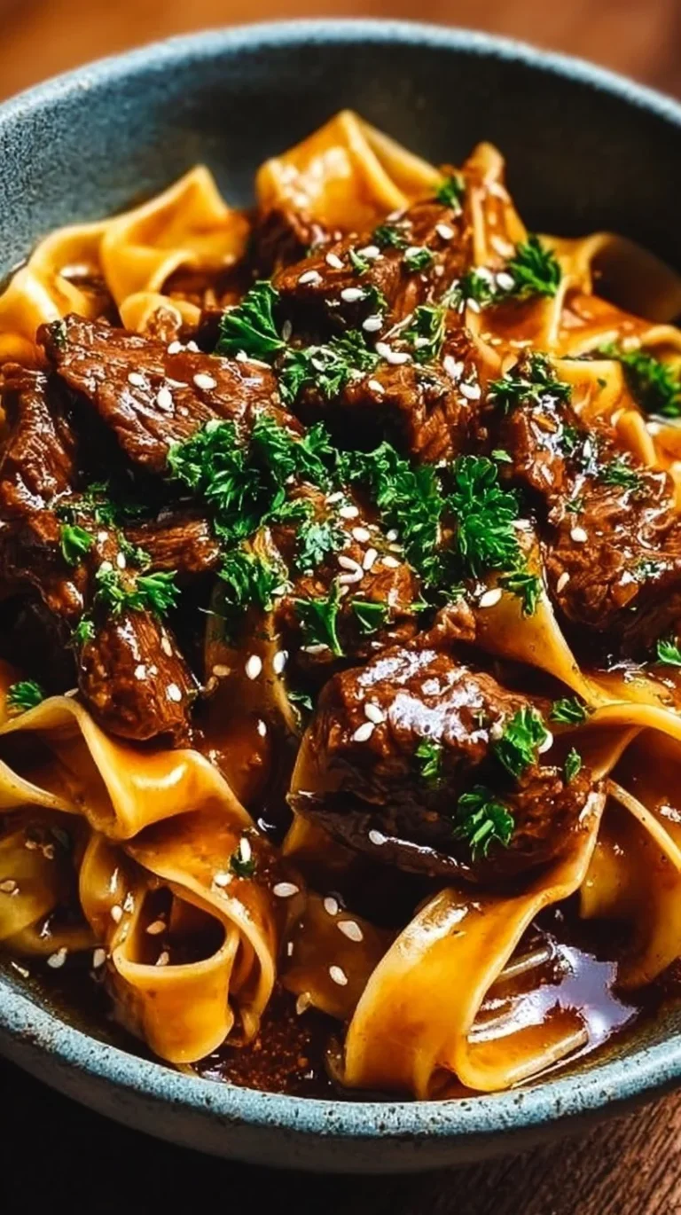 Bowl of Korean beef noodles garnished with vegetables and herbs