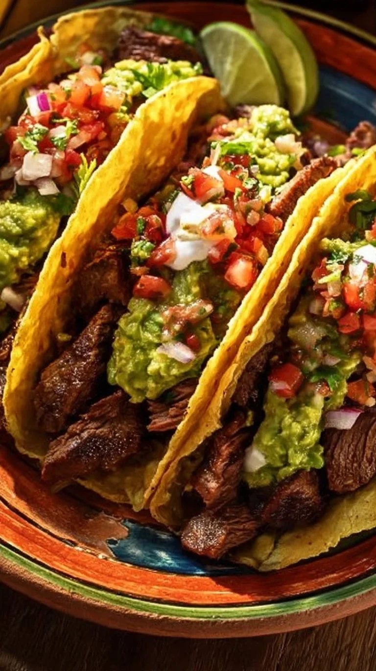 Delicious Mexican steak tacos served with fresh toppings and salsa.