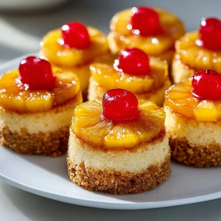 Mini pineapple upside down cheesecakes topped with cherries and pineapple slices