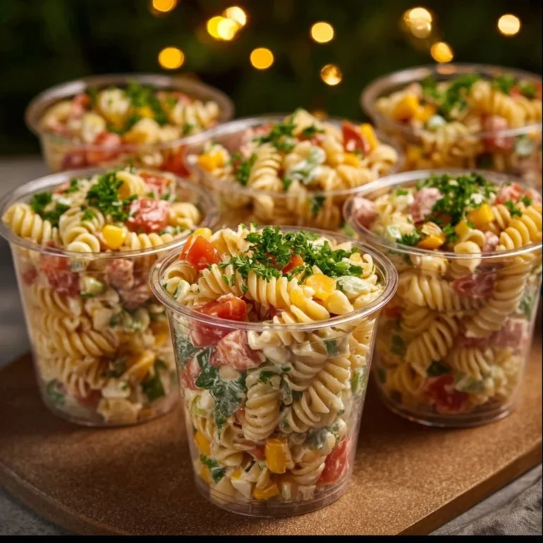 Colorful and fresh pasta salad with vegetables and dressing in a bowl