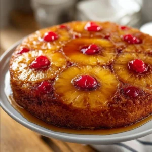 A delicious homemade Pineapple Upside Down Cake garnished with cherries.