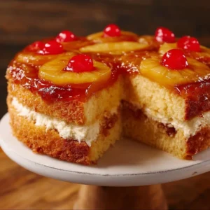 Delicious Pineapple Upside-Down Cheesecake topped with caramelized pineapple slices
