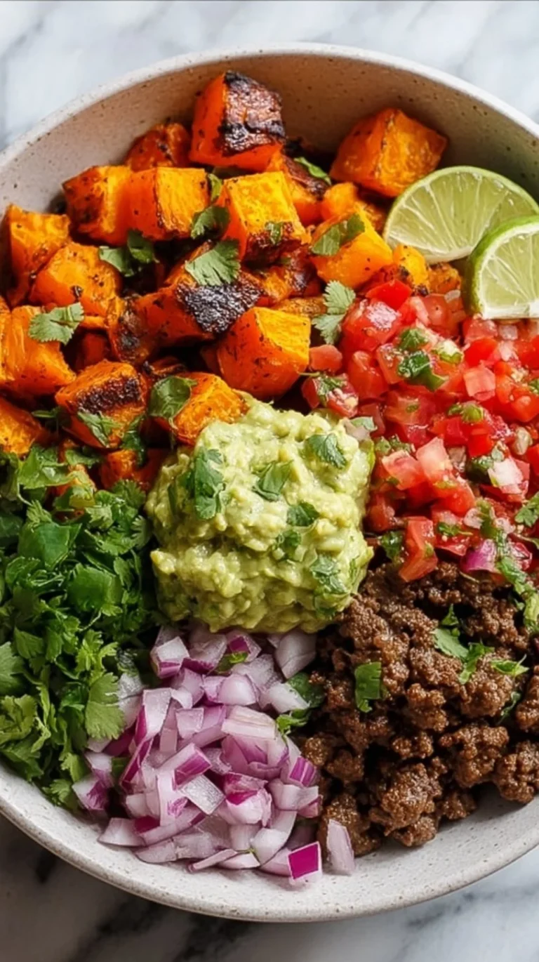 Roasted sweet potato taco bowls topped with colorful ingredients and fresh herbs