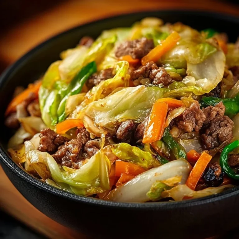 Savory beef and cabbage stir fry in a skillet, ready to serve.