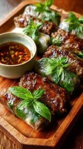 Savory Thai Basil Beef Rice Paper Rolls with fresh vegetables and herbs.