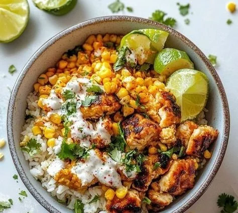 Delicious Street Corn Chicken Rice Bowl with vibrant toppings and flavors.