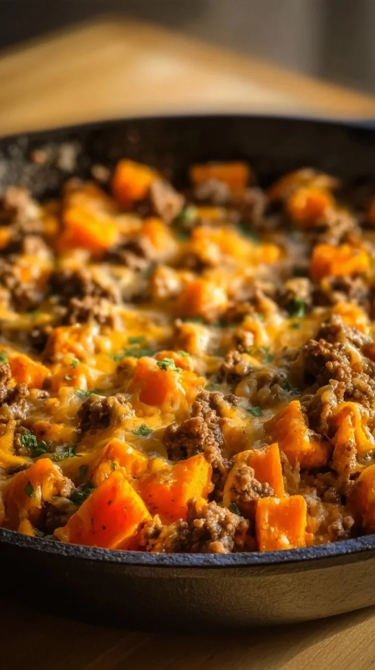 Delicious Tex-Mex Ground Beef & Sweet Potato Skillet dish served in a pan