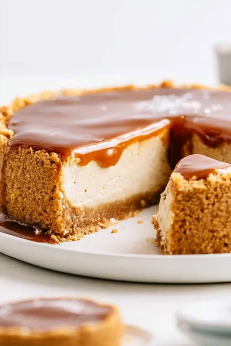 Slice of decadent caramel cheesecake topped with a caramel drizzle