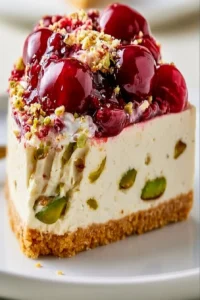 Delicious Cherry Pistachio Cheesecake topped with fresh cherries and pistachios