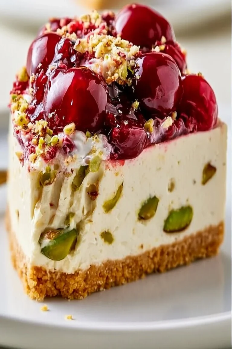 Delicious Cherry Pistachio Cheesecake topped with fresh cherries and pistachios