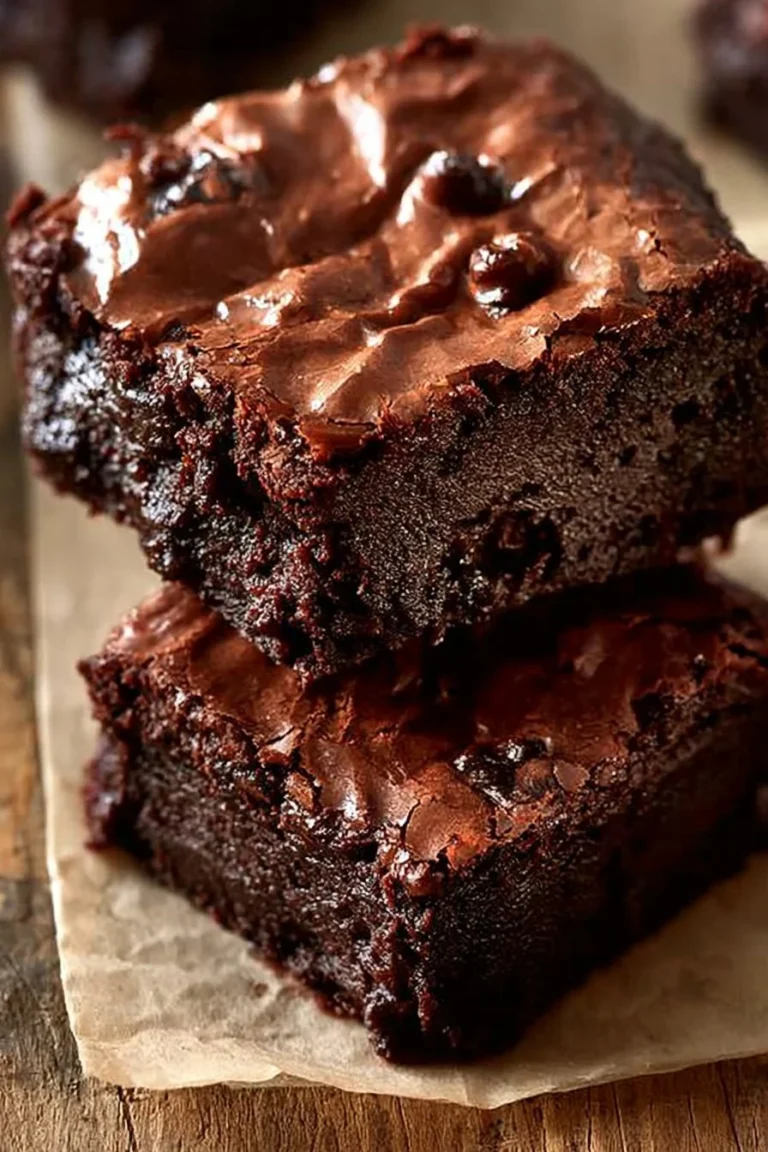 Delicious chewy fudgy brownies on a plate with chocolate drizzle