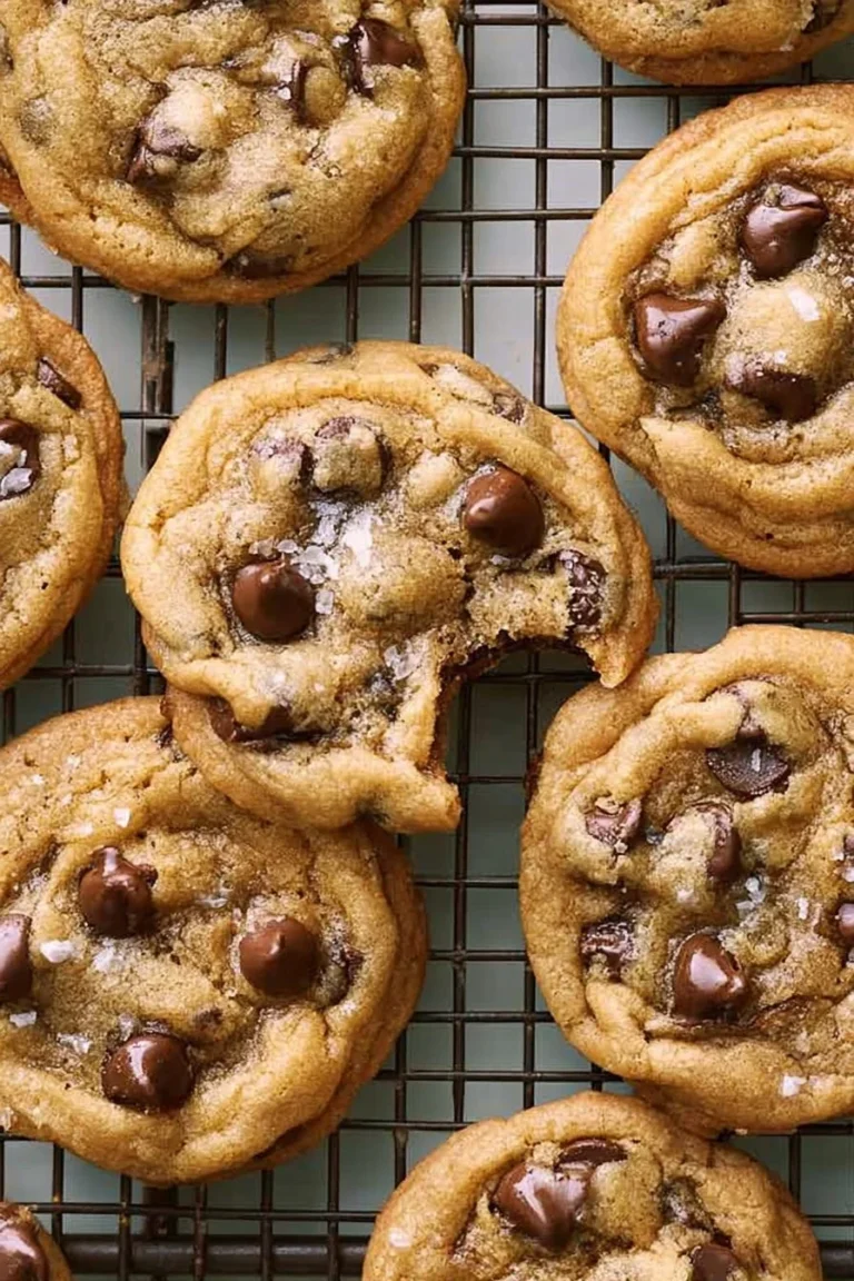 Freshly baked chocolate chip cookies stacked on a plate