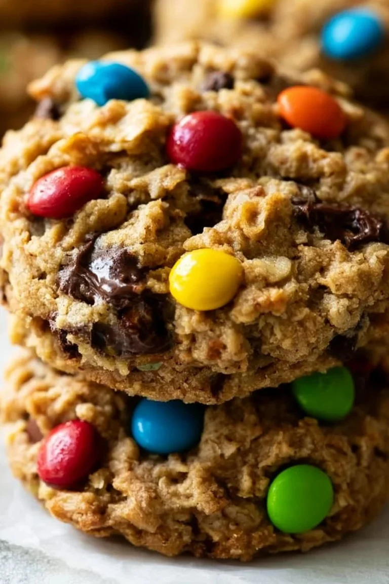 A plate of colorful gluten free monster cookies with chocolate chips and oats.