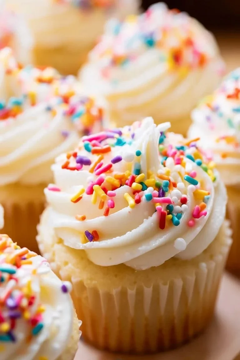 Delicious gluten free vanilla cupcakes decorated with creamy frosting.