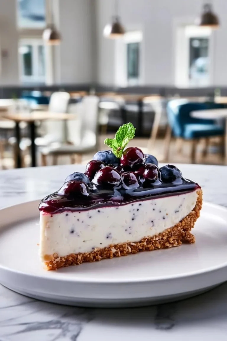 Delicious no-bake blueberry cheesecake served on a plate with fresh blueberries.