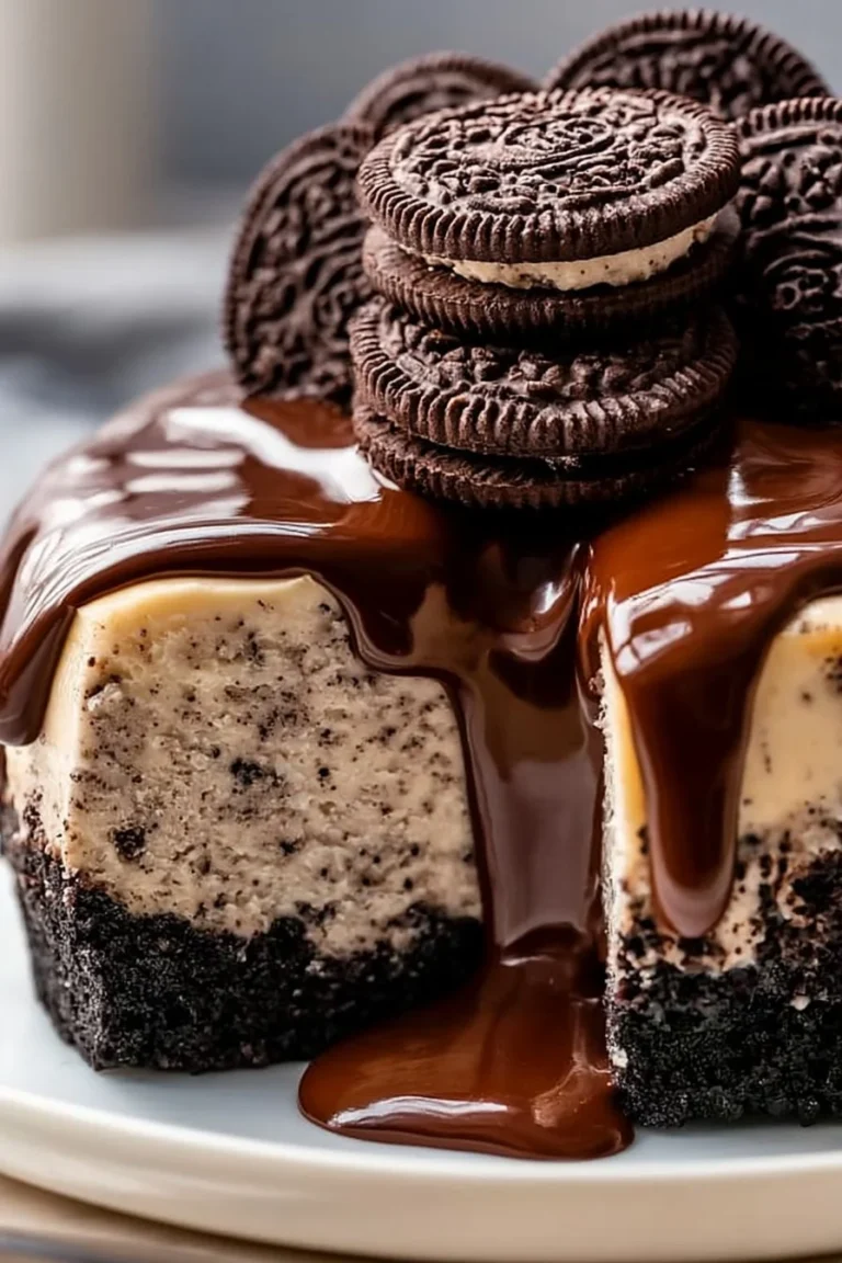 Delicious Oreo Cheesecake topped with crushed Oreos and chocolate drizzle
