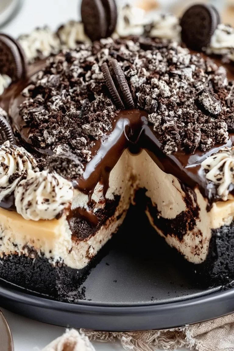 Delicious OREO cheesecake topped with crushed cookies and chocolate drizzle