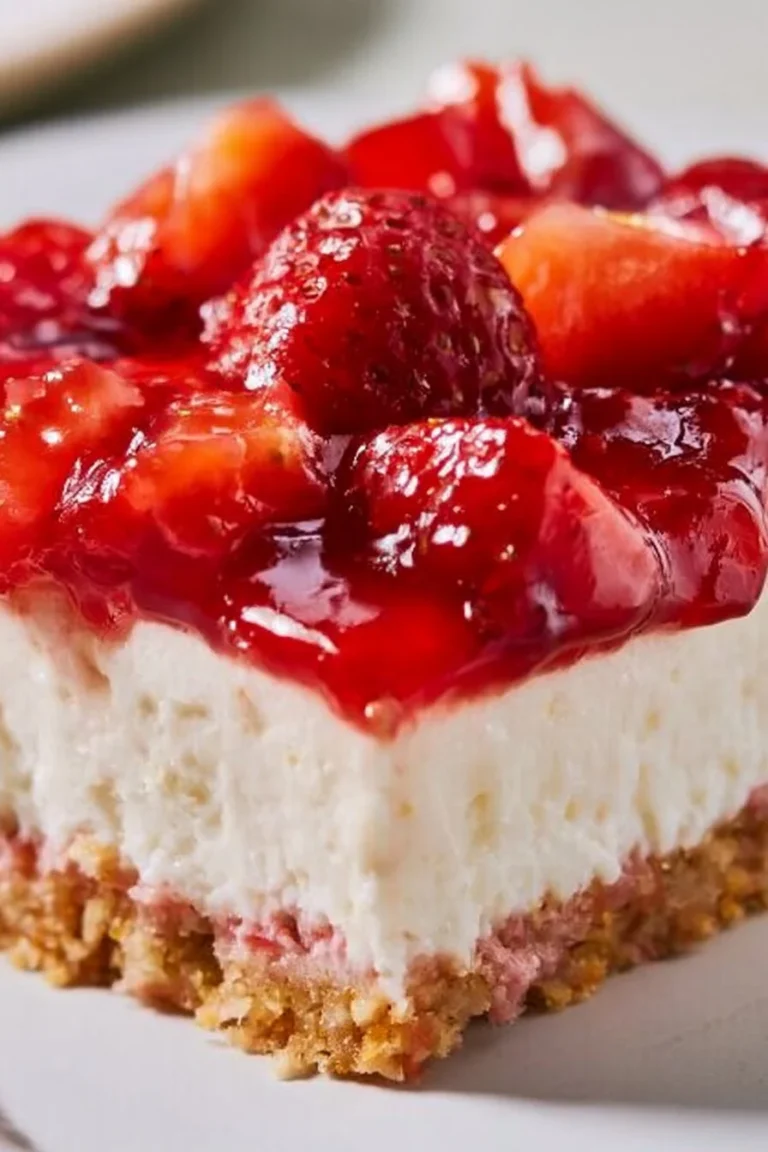 Strawberry Pretzel Salad with berries and cream cheese topping