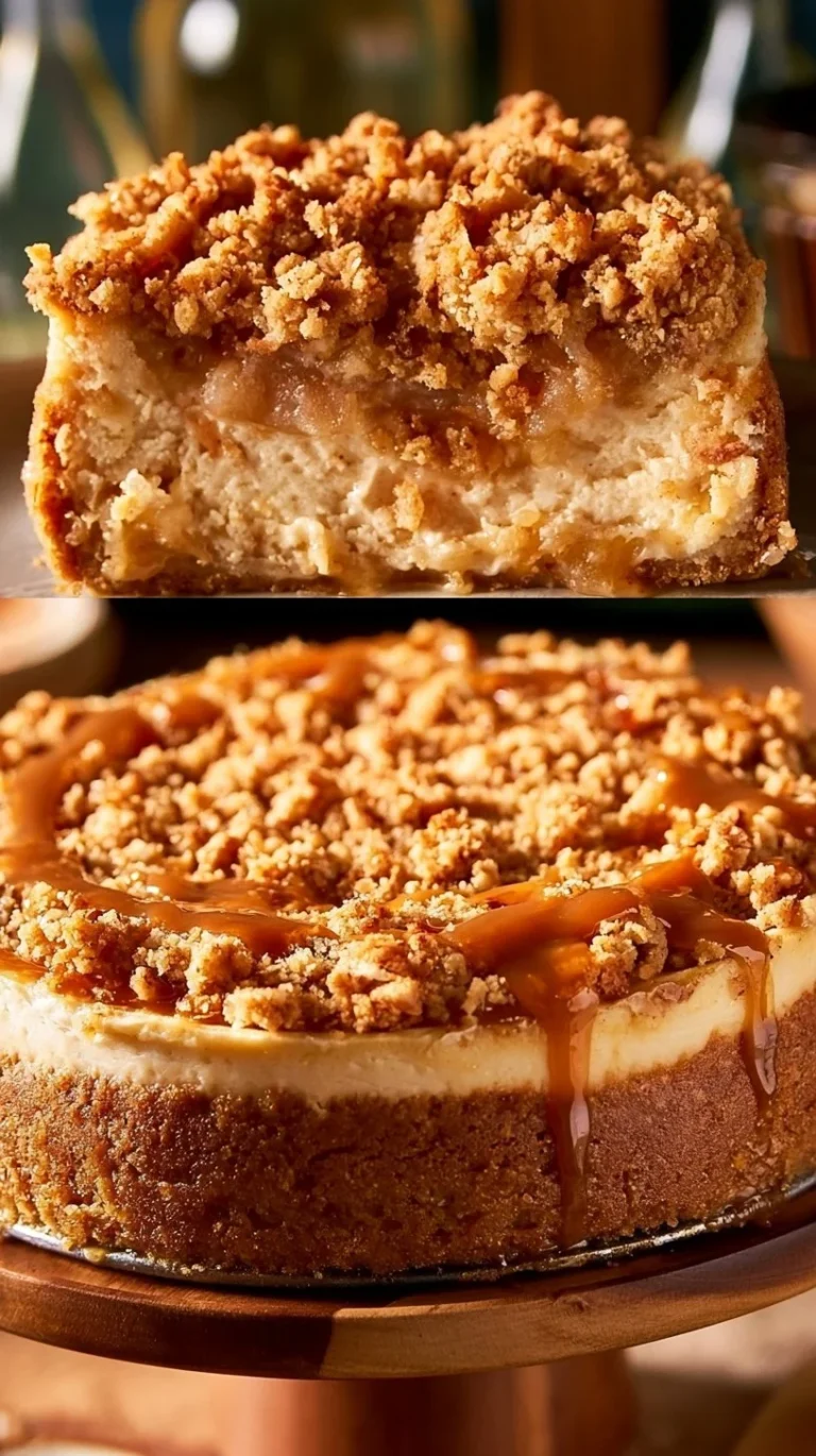 Delicious slice of Apple Crumble Cheesecake with apple topping and crumble crust